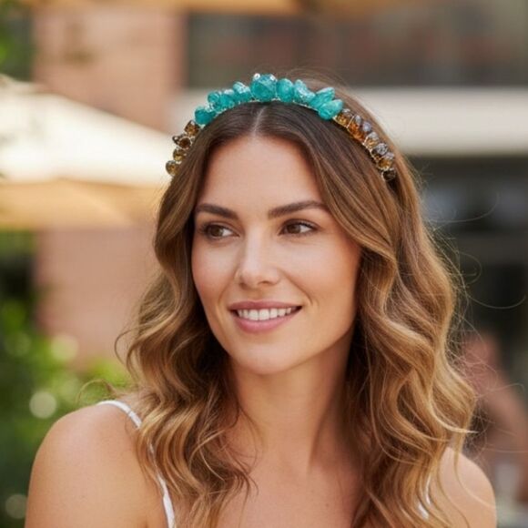 Handmade Genuine Gold and Teal Crystal Headband main image 4
